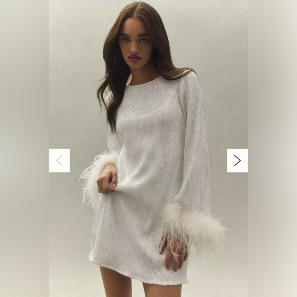 BHLDN Hutch Alissa Faux Feather Long Sleeve Sequin Mini Dress